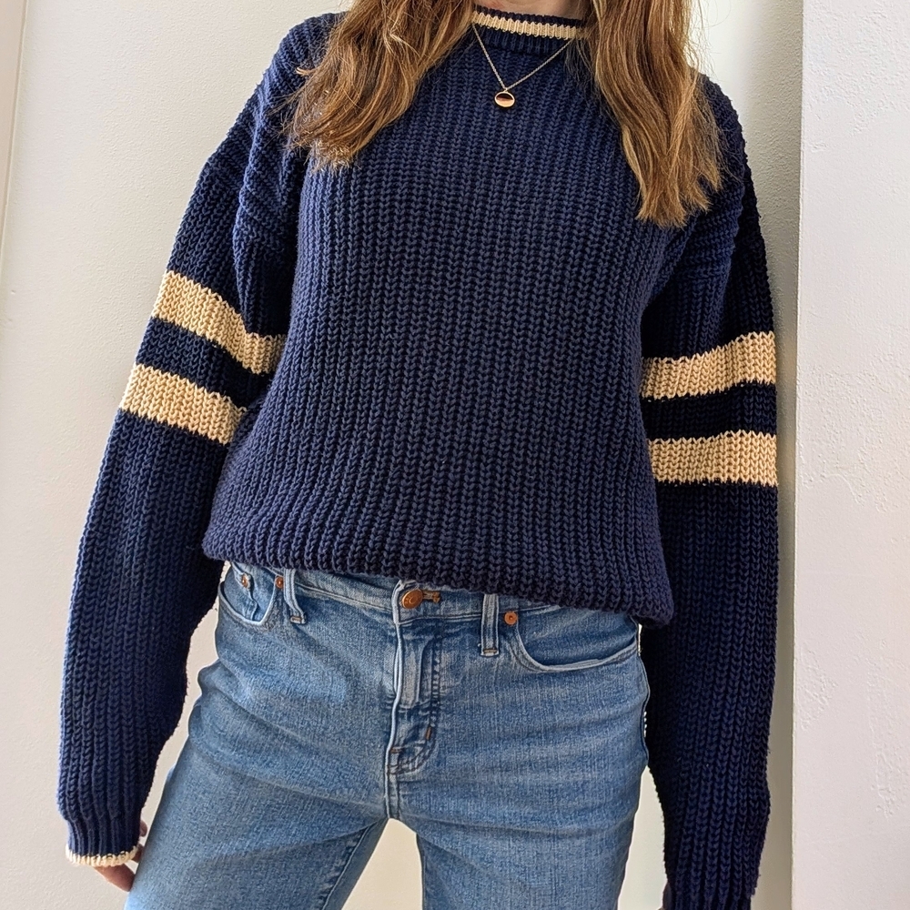 Vintage Varsity Striped Ribbed Chunky Textured Crewneck Sweater In Navy/Ivory